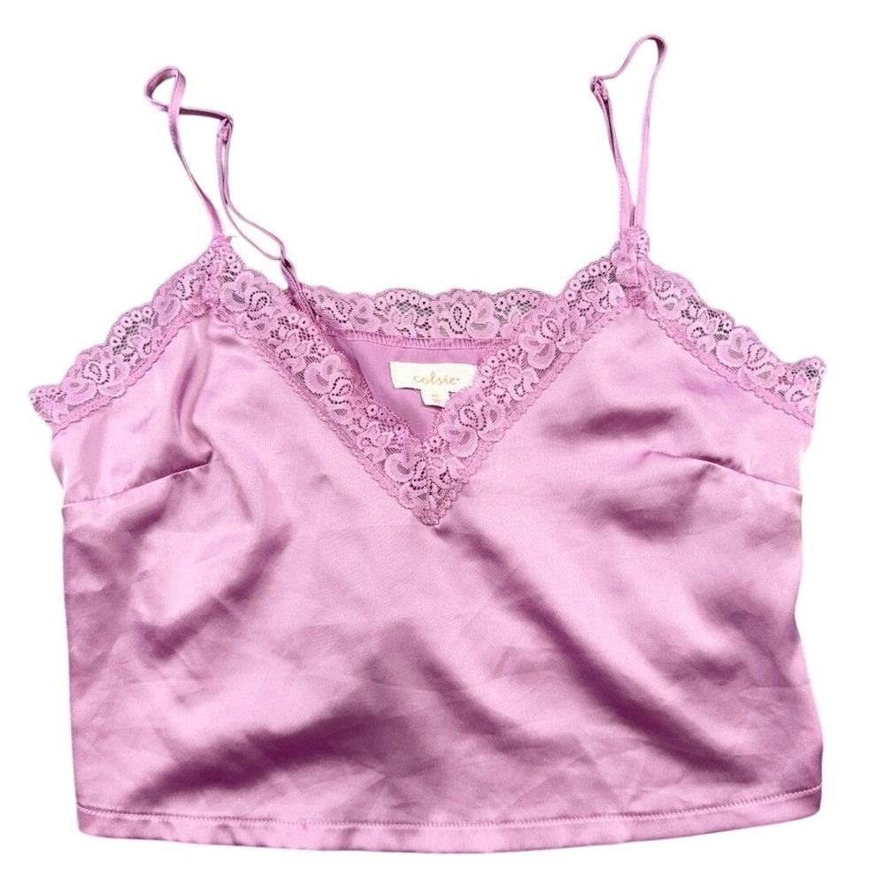 Colsie Womens XS Purple Satin Lace Trim V-Neck Cropped Camisole Sleep Top
